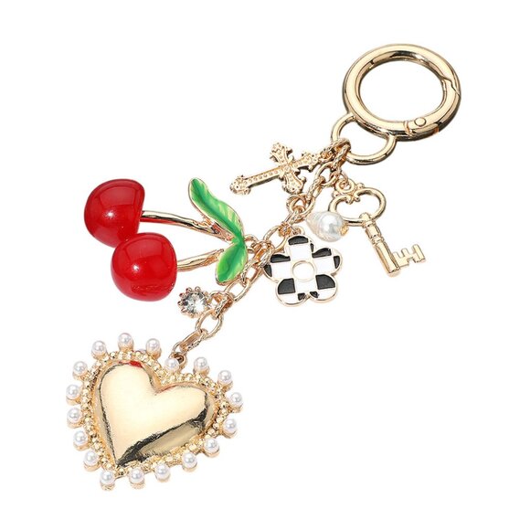Cherry Pearl Heart Key Cross Flower Charm Embellished Keychain / Bag Charm - Picture 3 of 5